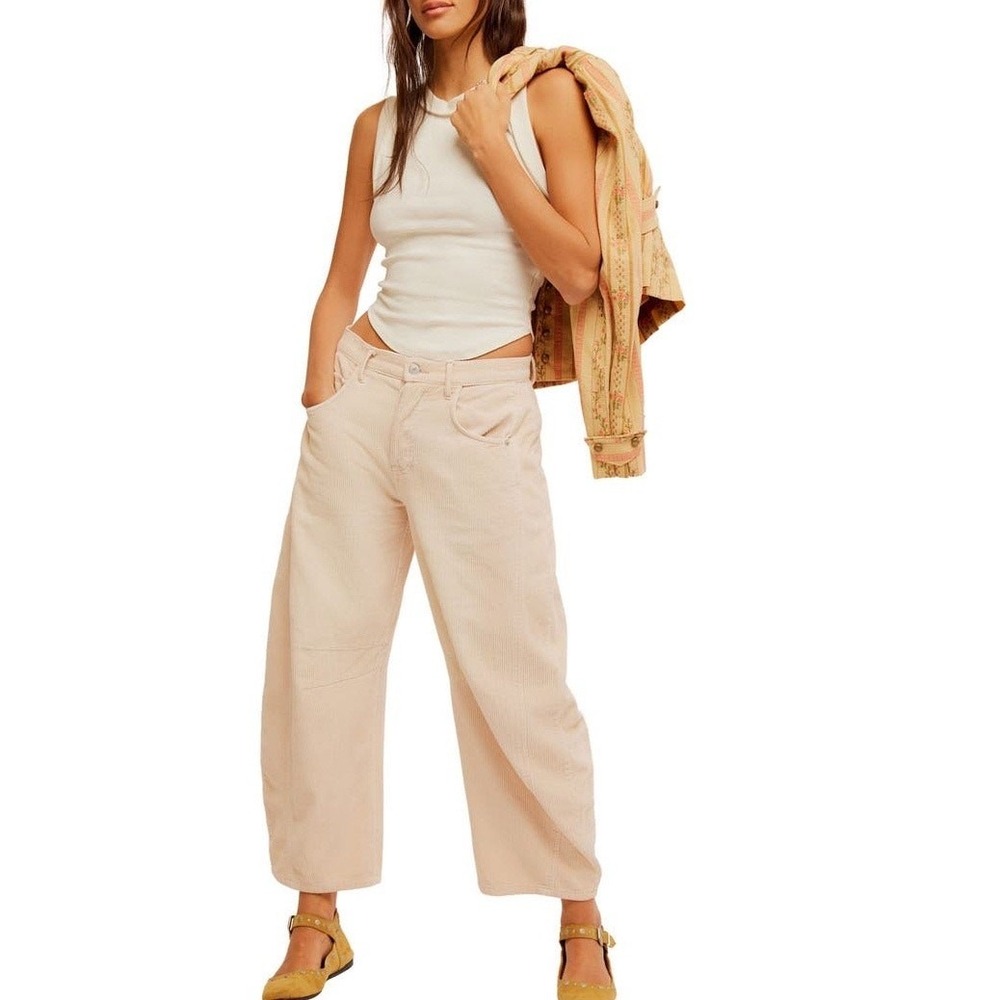 Free People Good Luck Mid-Rise Corduroy Pants in Crystal Grey/Ivory Size 29